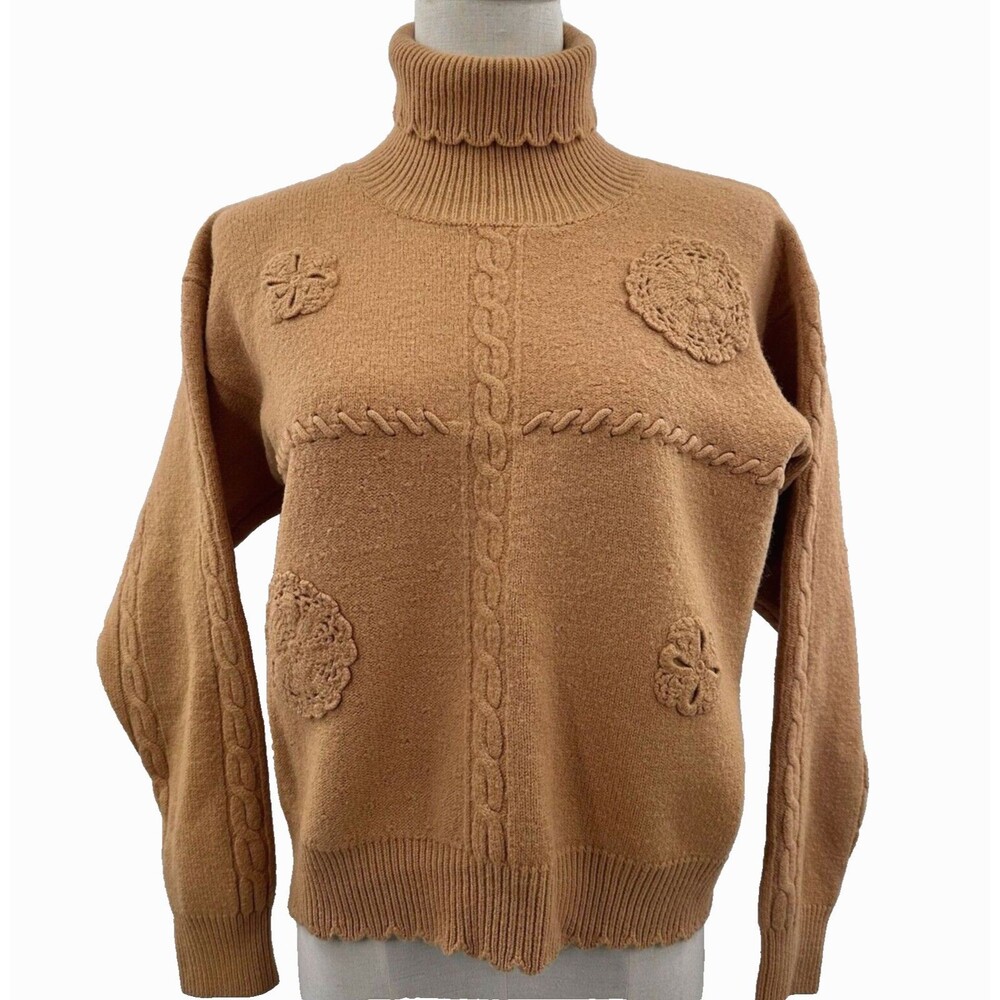 Vintage Lambswool Sweater Womens EU40 M Camel Turtleneck Cable Knit Floral Yes
